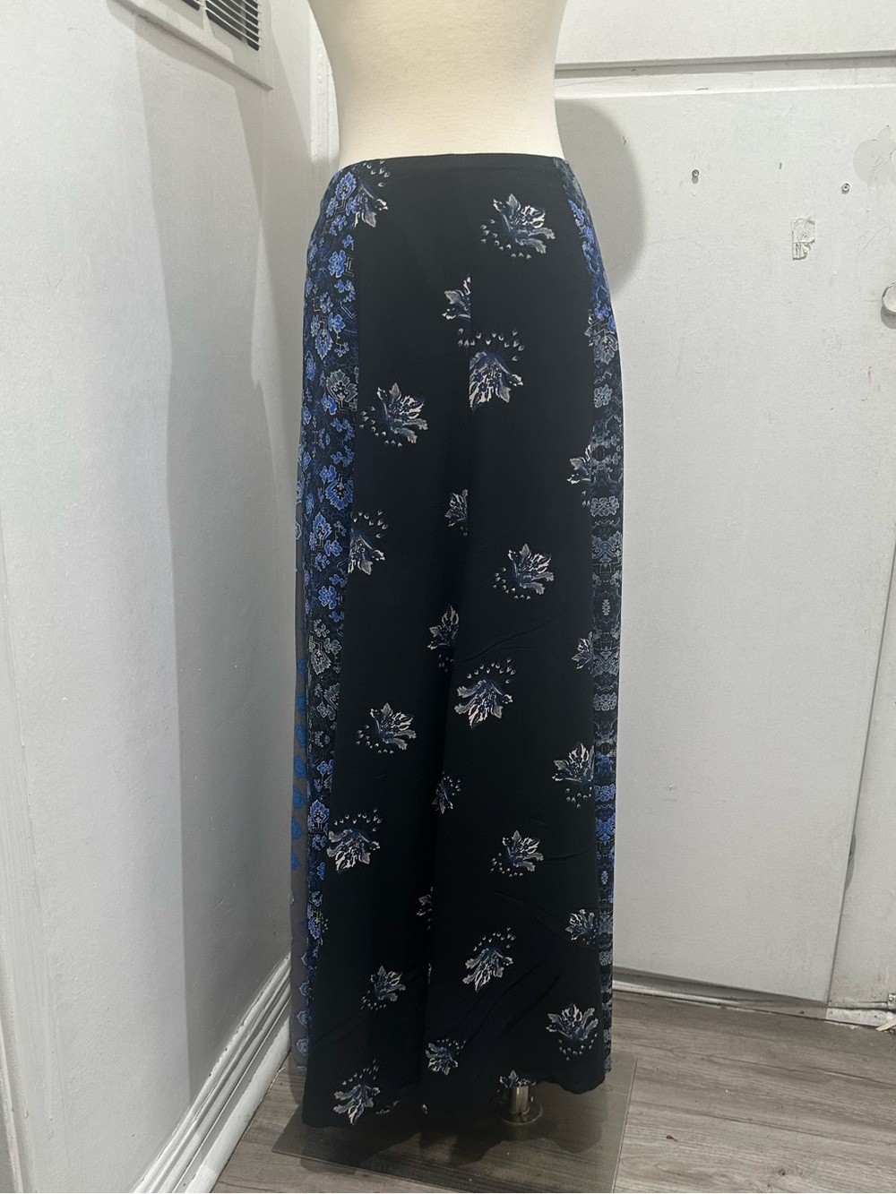 Free People Black Maxi Skirt with Blue Floral Print